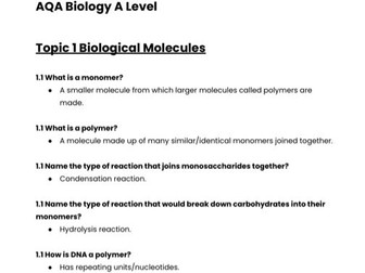 A* A Level Biology Mark Scheme Document Topics 1-8