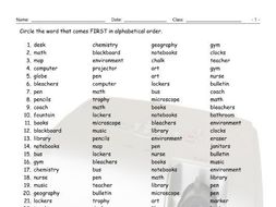 School Items-Places-Subjects Alphabetical Order Worksheet | Teaching