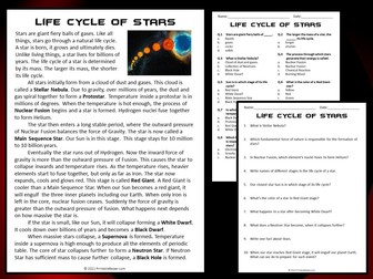 Life Cycle of Stars Reading Comprehension Passage and Questions - PDF