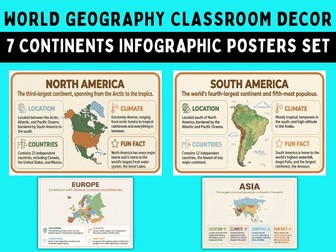 World Geography Classroom Decor: 7 Continents Infographic Posters Set
