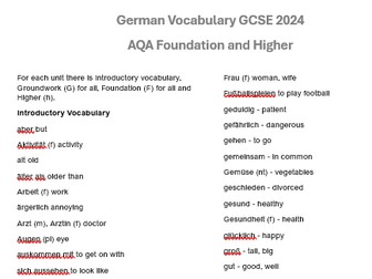 German GCSE AQA 2024 Vocabulary booklet Foundation and Higher combined