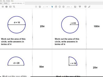 Work out areas of circles or part of circle with answers in terms of pi (domino cards) for GCSE