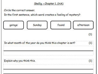 Guided Reading, Years 5 or 6, Fiction, Skellig, SATs style answer booklet.