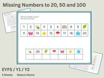 Nature missing numbers to 20, 50 and 100 worksheets