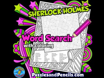 Sherlock Holmes Word Search Puzzle Activity Page with Colouring