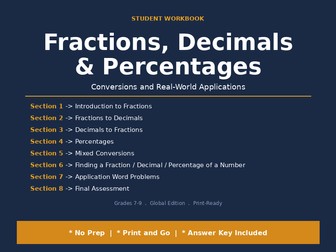 Fractions, Decimals, Percentages Conversions & Word Problems Workbook (with Answer Key)