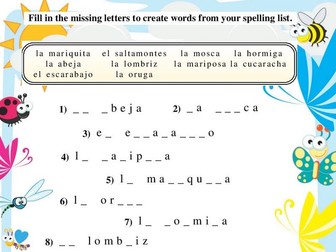Spanish Spelling Worksheet Insectos Insects 17pages of fun Crossword Noodle Sort