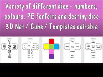 Variety of different cubes / 3D net cube templates including dice, colour dice, PE forfeits etc
