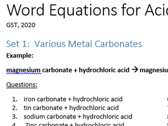 Writing word equations for acids reactions practice