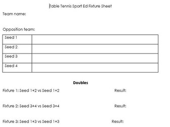 Table Tennis Sport Education Fixture Sheet