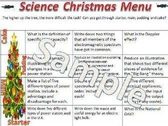 2017 Physics P1  Christmas Menu style homework / class resource