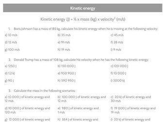 Kinetic Energy Equations SLOP Worksheets