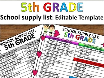 5th Grade School Supply List | Editable Printable Back to School Parent Handout