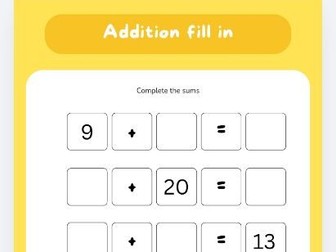 Addition fill in the blacks - numbers 1 - 20