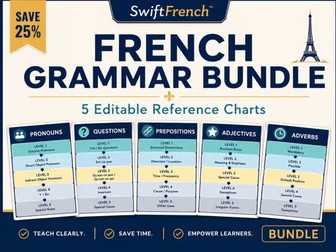 French Grammar Bundle: Pronouns, Questions, Prepositions, Adjectives, Adverbs