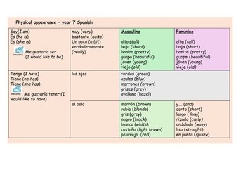 Physical appearance Y7 Spanish 3 lessons