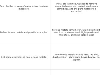 Design Technology iGCSE timbers and metals revision flashcards