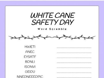 White Cane Safety Day word scramble puzzle worksheet Activity