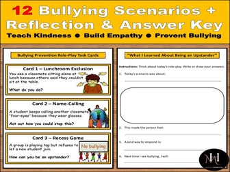 Bullying Prevention Role-Play Cards | 12 Elementary Scenarios + Reflection | Anti-Bullying