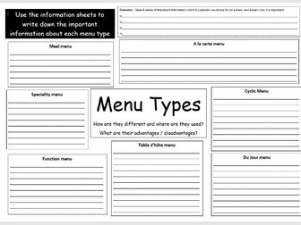 Menu planning cover lessons - Hospitality and catering