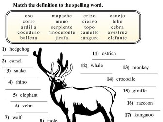 Spanish Spelling Wild animals Animales Salvajes Crossword 20 words Worksheet