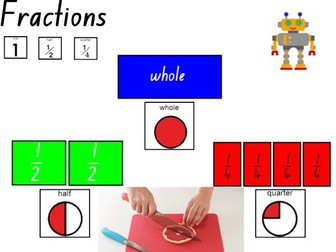 Fractions - working with: half or 1/2, quarter or 1/4 and Whole or 1