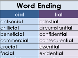 Suffix cial & tial Word Mat – Year 3 and 4 Spelling