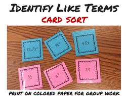 Identify Like Terms Card Sort Hands On Activity
