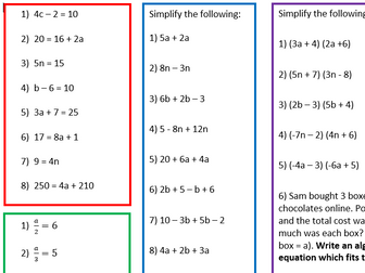 3 Differentiated Algebra Worksheets