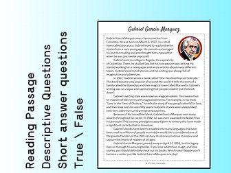 Gabriel Garcia Marquez Biography Reading Comprehension Passage Printable Worksheet PDF