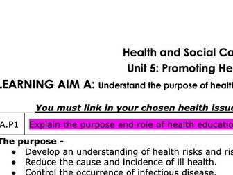 Health and Social AAQ Unit 5 Task 1 Learning Aim A checklist
