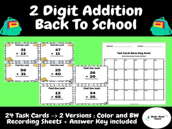 2 Digit Addition - Without Regrouping | Task Cards+Answer Key | Back to School | First Grade