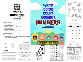 Write,Color,Count,Arrange Numbers: 100 worksheets for Kinder to First Grade
