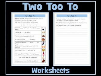 To, Too, Two Homophones Worksheet