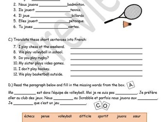 worksheet on French verb 'jouer a' with a range of sports and free time activities.