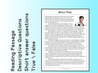 Michael Phelps Biography Reading Comprehension Passage Printable Worksheet PDF