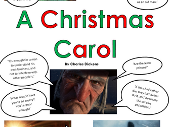 A Christmas Carol: 31 extracts in order with essay qs, brief info on context, character & theme