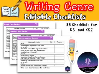 36 Writing Genre Checklists for KS1 and KS2 (Editable)