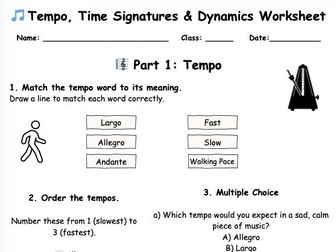 Tempo, Time Signatures & Dynamics Music Worksheet
