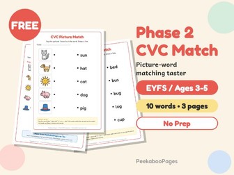 FREE Phase 2 Phonics CVC Picture-Word Match – Taster – EYFS / Reception, No Prep