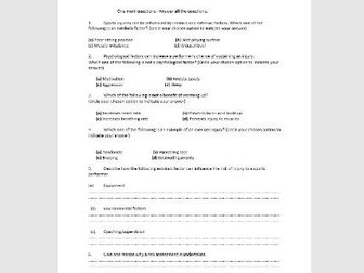 OCR Sport Science Level 2 - Unit 1: One Mark Question Sheet