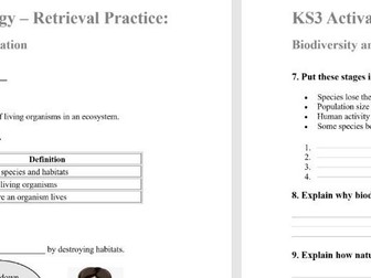 KS3 Activate Biology – Retrieval Practice: Biodiversity and Conservation (Answers Included)