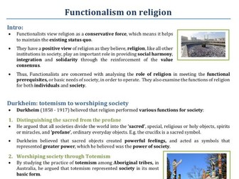 Functionalism on religion for Beliefs in Society