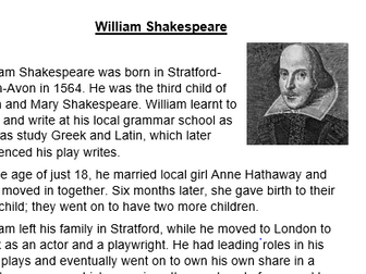 Shakespeare Information and Fact File/Review KS2