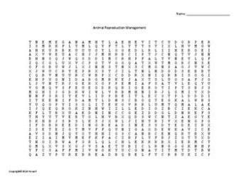 Animal Reproduction Management Word Search for an Ag. II Animal Science Course