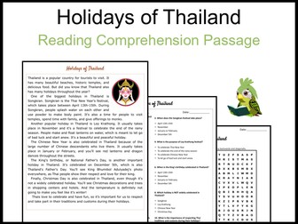 Holidays of Thailand Reading Comprehension and Word Search