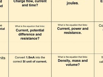AQA Physics unit 1: Formulas challenge grid