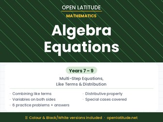 Algebra Equations Study Guide | Multi-Step Equations, Distributive Property & Like Terms | Years 7-9