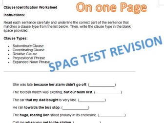 SPAG SAT REVISION - Word Class and Clause Identification Worksheets