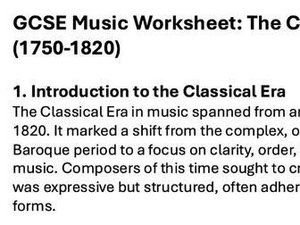 GCSE Music Worksheet: Intro to The Classical Era